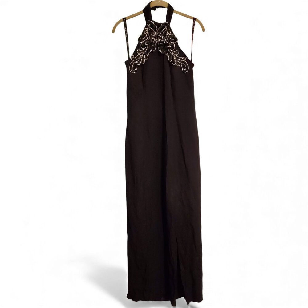 Vintage 80s Formal Black Sequin Halter Neck Side Slit Maxi Dress Goth Retro Glam